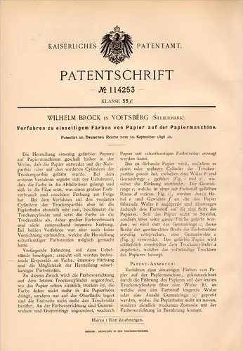 Original Patentschrift - W. Brock in Voitsberg i. Steiermark , 1898 , Färben von Papier auf Papiermaschine !!!