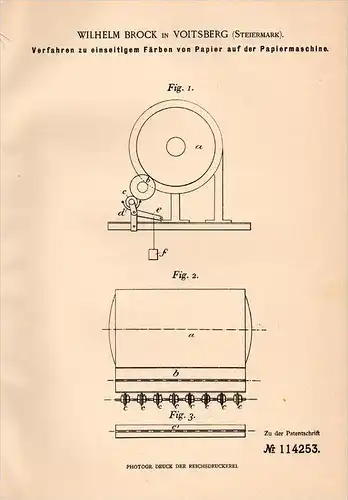 Original Patentschrift - W. Brock in Voitsberg i. Steiermark , 1898 , Färben von Papier auf Papiermaschine !!!