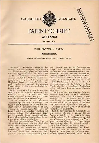 Original Patentschrift - Emil Ploetz in Bahn / Banie i. Pommern , 1899 , Walzenmikrophon , Mikrophon , Mikrofon !!!