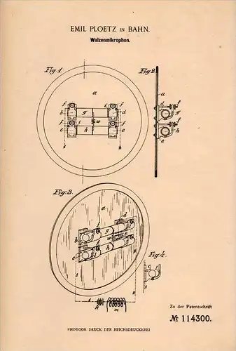 Original Patentschrift - Emil Ploetz in Bahn / Banie i. Pommern , 1899 , Walzenmikrophon , Mikrophon , Mikrofon !!!