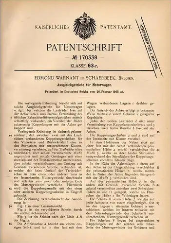 Original Patentschrift - E. Warnant in Schaerbeek , 1905 , Getriebe für Motorwagen , Automobile , Schaarbeek !!!
