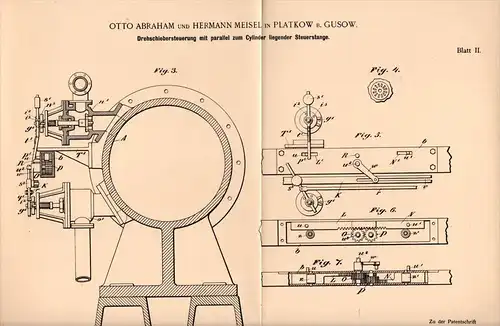 Original Patentschrift - O. Abraham und H. Meisel in Platkow b. Gusow , 1895 , Drehschieber - Steuerung , Dampfmaschine