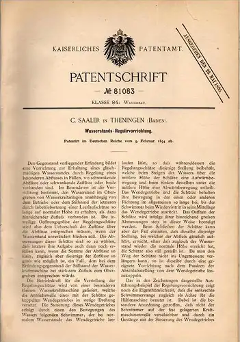 Original Patentschrift -  C. Saaler in Teningen i. Baden , 1894 , Wasserstands - Regulierapparat , Wasserwerk , Wasser