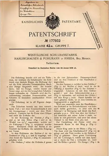 Original Patentschrift - Harlinghausen & Pohlmann in Rheda , 1906 , Tellurium , Astronomie , Sonne , Schule , Unterricht