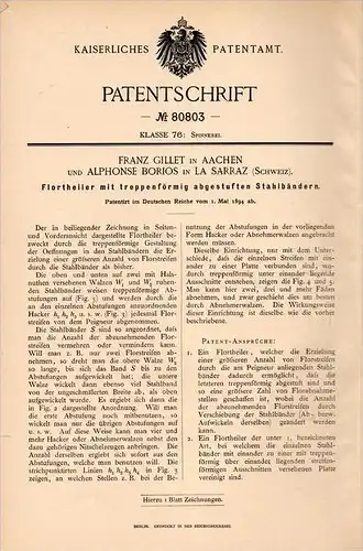 Original Patentschrift - A. Borios in La Sarraz , 1894 , Florteil mit Stahlbändern , Spinnerei , F. Gillet in Aachen !!!