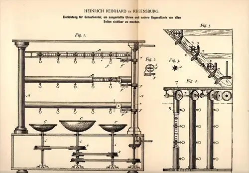 Original Patentschrift - H. Reinhard in Regensburg , 1892 , Schaufenster - Einrichtung , Uhren , Juwelier , Uhrmacher !!