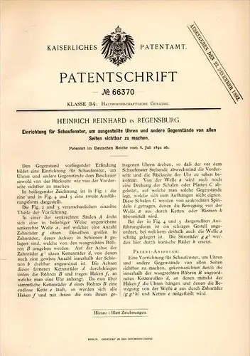 Original Patentschrift - H. Reinhard in Regensburg , 1892 , Schaufenster - Einrichtung , Uhren , Juwelier , Uhrmacher !!