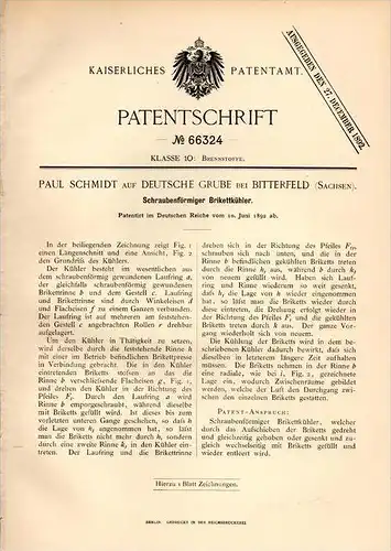 Original Patentschrift - P. Schmidt in Deutsche Grube b. Bitterfeld , 1892 , Brikettkühler , Brikett , Kohle , Zeche !!!