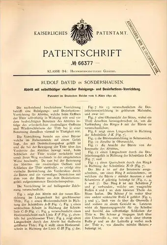 Original Patentschrift - R. David in Sondershausen i. Th., 1892 , Toilette mit Reinigung und Desinfektion , WC , toilet