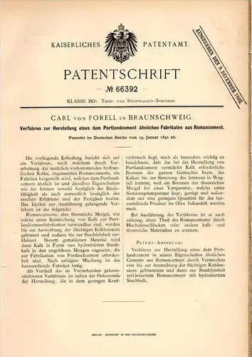 Original Patentschrift - Carl von Forell in Braunschweig , 1890 , Herstellung von Cement , Portland , Zement , Kalk !!!