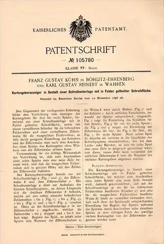 Original Patentschrift - F. Kühn und K. Reinert in Böhlitz und Wahren b. Leipzig , 1898 , Kartengeber , Karten , Skat !!