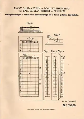 Original Patentschrift - F. Kühn und K. Reinert in Böhlitz und Wahren b. Leipzig , 1898 , Kartengeber , Karten , Skat !!