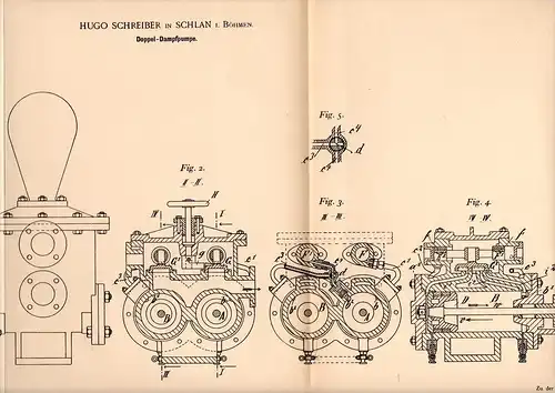 Original Patentschrift - Hugo Schreiber in Schlan / Slaný , 1898 , Doppel - Dampfpumpe , Dampfmaschine !!!