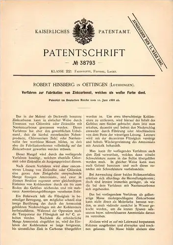 Original Patentschrift - R- Hinsberg à Ottange , 1886 , Fabrication de carbonate de zinc comme couleur blanche, chimique