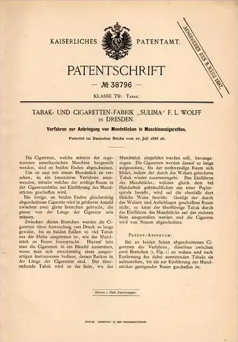 Original Patentschrift - Tabak -und Cigarettenfabrik SULIMA in Dresden ,1886 , Cigaretten - Mundstücke , Cigarette !!!
