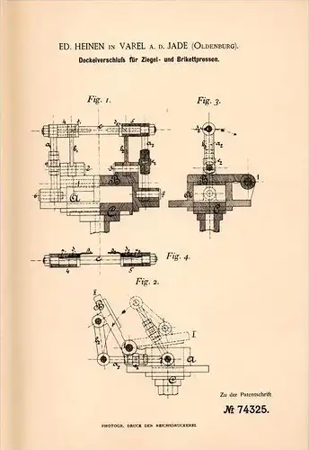 Original Patentschrift - E. Heinen in Varel a.d. Jade , 1893 , Presse für Ziegel und Brikett , Bau , Maurer , Hausbau !!
