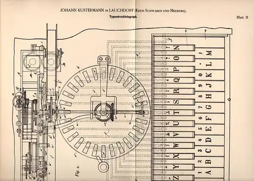 Original Patentschrift - J. Kustermann in Lauchdorf , Kr. Schwaben , 1892 , Typen - Telegraph , Telegraphie , Baisweil !