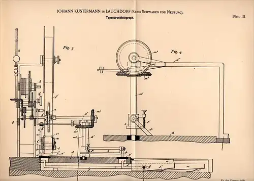 Original Patentschrift - J. Kustermann in Lauchdorf , Kr. Schwaben , 1892 , Typen - Telegraph , Telegraphie , Baisweil !