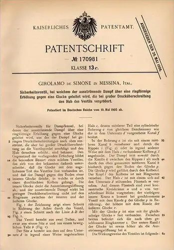 Original Patentschrift - Girolamo de Simone in Messina , 1905 , Valvola di sicurezza per il motore a vapore !!!