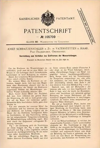 Original Patentschrift -J. Schratzenstaller in Vaterstetten b. Haar ,1898,Gefrierschutz für Wasserleitungen, Feldkirchen