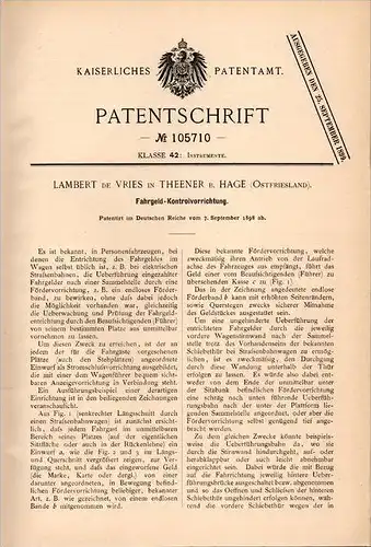 Original Patentschrift - L. de Vries in Theener b. Hage , 1898 , Fahrgeld - Kontrollvorrichtung , Ostfriesland !!!