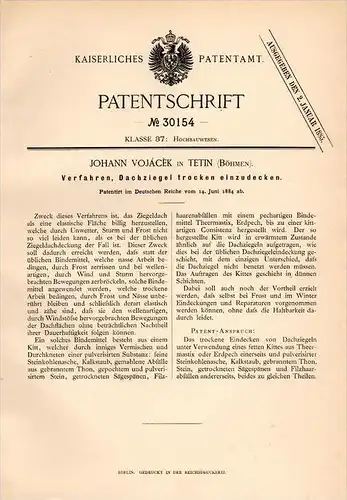 Original Patentschrift - J. Vojácek in Tetin b. Beroun , 1884 , Dachdeckung , Dachziegel , Dachdecker , Dach , Beraun !!