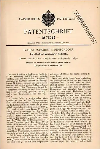 Original Patentschrift - G. Schubert in Herischdorf b. Warmbrunn , 1893 , Schreibtisch , Möbel , Tisch , Cieplice Slaski