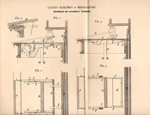 Original Patentschrift - G. Schubert in Herischdorf b. Warmbrunn , 1893 , Schreibtisch , Möbel , Tisch , Cieplice Slaski