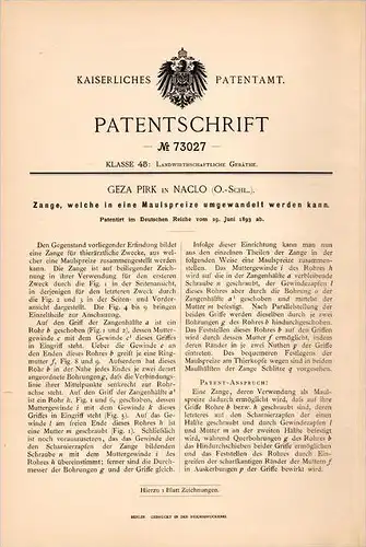 Original Patentschrift - Geza Pirk in Naklo b. Tarnau / Tarnów , 1893 , Zange als Maulspreize , Tierzucht , Bauer !!!