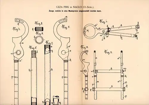 Original Patentschrift - Geza Pirk in Naklo b. Tarnau / Tarnów , 1893 , Zange als Maulspreize , Tierzucht , Bauer !!!