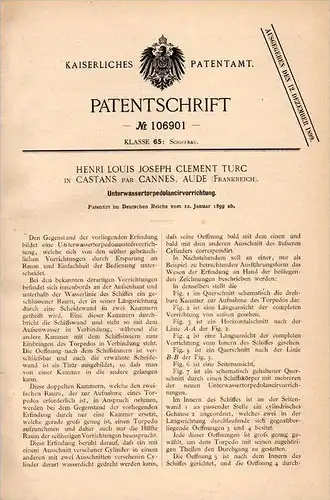 Original Patentschrift - H.L. Turc à Castans par Cannes , 1899 , Lancer appareil pour torpilles, torpille !!!