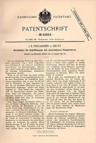 Original Patentschrift - J.E. Pregardien in Deutz - Cöln , 1890 , Schiffskessel mit Flammrohren , Dampfkessel , Schiff !