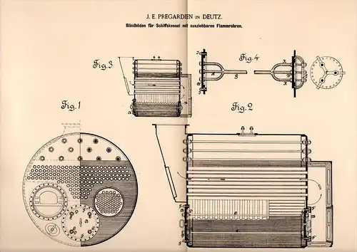 Original Patentschrift - J.E. Pregardien in Deutz - Cöln , 1890 , Schiffskessel mit Flammrohren , Dampfkessel , Schiff !