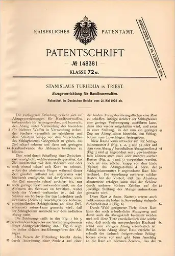 Original Patentschrift - S. Turudija in Triest , 1903 , Abzug für Pistole , Handfeuerwaffe m Waffe , pistol !!!
