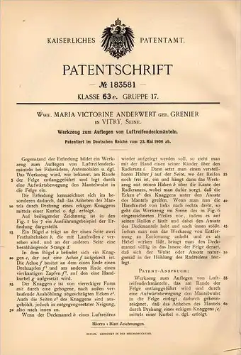 Original Patentschrift -M. Anderwert à Vitry sur Seine , 1906 , Machine pour le montage de pneumatiques, voiture !!!