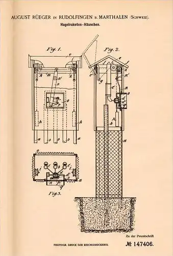 Original Patentschrift - A. Rüeger in Rudolfingen / Trüllikon , 1903 , Hagelraketen - Häuschen , Marthalen , Gewitter !!