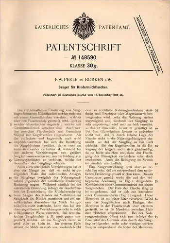 Original Patentschrift - F. Perle in Borken i.W., 1902, Sauger für Kindermilchflaschen , Baby , Milch , Nuckelflasche !!