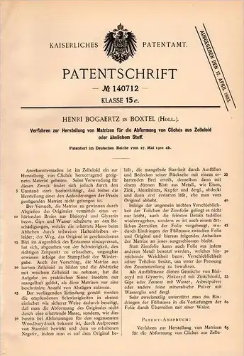 Original Patentschrift - H. Bogaertz in Boxtel , 1905 , Herstellung von Matrizen aus Zelluloid !!!