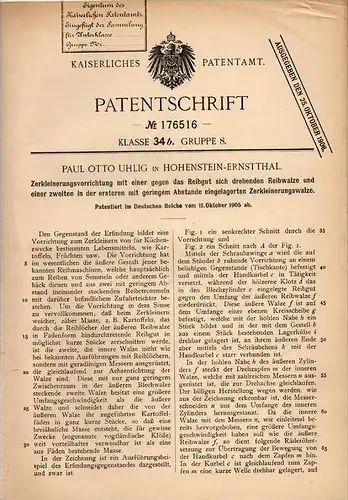 Original Patentschrift - P. Uhlig in Hohenstein-Ernstthal , 1905 . Zerkleinerungsmaschine für Lebensmittel !!!
