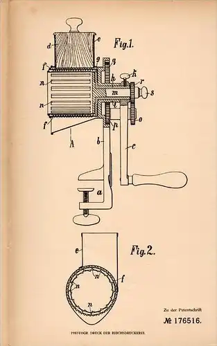 Original Patentschrift - P. Uhlig in Hohenstein-Ernstthal , 1905 . Zerkleinerungsmaschine für Lebensmittel !!!