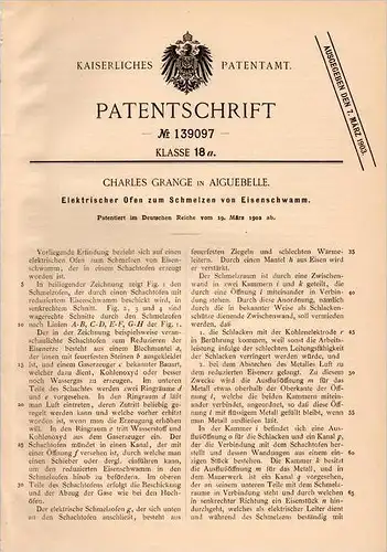 Original Patentschrift - Ch. Grange dans Aiguebelle , 1902 , Four électrique pour la fusion du fer !!!