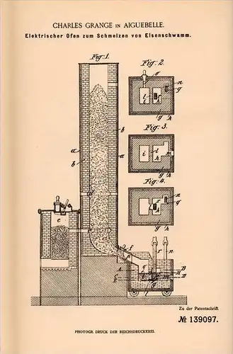Original Patentschrift - Ch. Grange dans Aiguebelle , 1902 , Four électrique pour la fusion du fer !!!