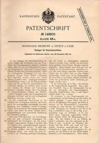 Original Patentschrift - B. Siedhoff in Effeln b. Anröchte , 1901 , Einleger für Dreschmaschine , Landwirtschaft , Uelde