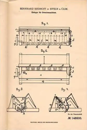 Original Patentschrift - B. Siedhoff in Effeln b. Anröchte , 1901 , Einleger für Dreschmaschine , Landwirtschaft , Uelde