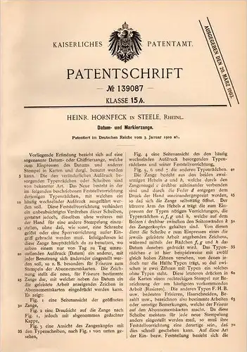 Original Patentschrift - H. Hornfeck in Steele b. Essen , 1902 , Datum- und Markierzange , Chiffrierung !!!