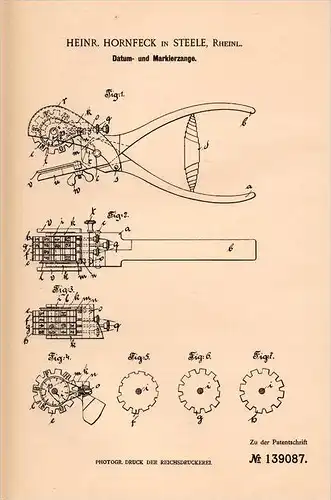 Original Patentschrift - H. Hornfeck in Steele b. Essen , 1902 , Datum- und Markierzange , Chiffrierung !!!