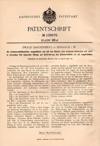 Original Patentschrift - E. Dannenberg in Bismarck i.W., 1902 , Schmierbehälter für Lager , Achsen , Laufräder !!!