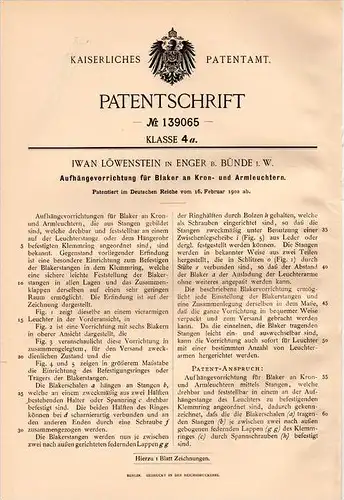 Original Patentschrift - I. Löwenstein in Enger b. Bünde i.W., 1902 , Kronleuchter - Aufhängung , Lampe , Leuchter !!!