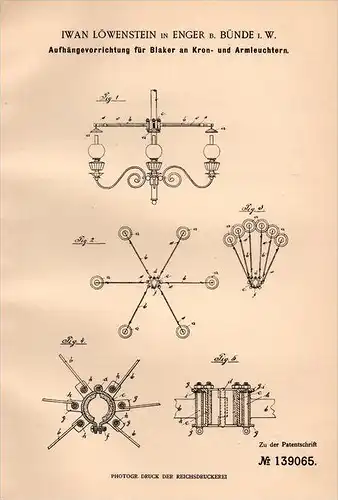 Original Patentschrift - I. Löwenstein in Enger b. Bünde i.W., 1902 , Kronleuchter - Aufhängung , Lampe , Leuchter !!!