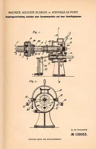 Original Patentschrift - M.A. Eudelin à Joinville le Pont , 1902 , Et embrayage centrifuge pour dynamo !!!